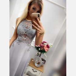 ENTLEY - Lang kjole i gr farve med mesh og broderier