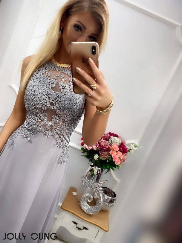 ENTLEY - Lang kjole i gr farve med mesh og broderier