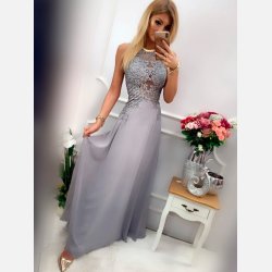 ENTLEY - Lang kjole i gr farve med mesh og broderier