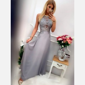 ENTLEY - Lang kjole i gr farve med mesh og broderier