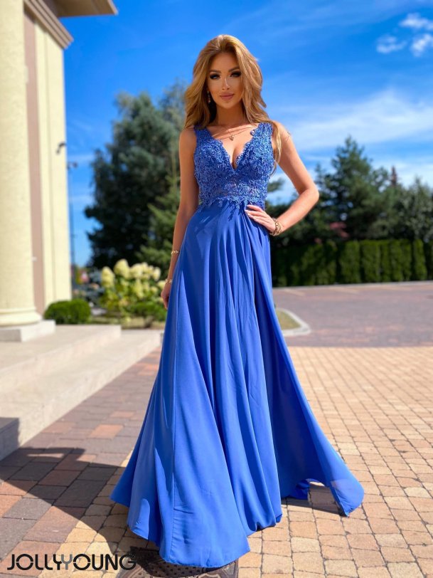 UDI - Lang kjole i blå farve med sten og - Maxikjoler - JollyYoung