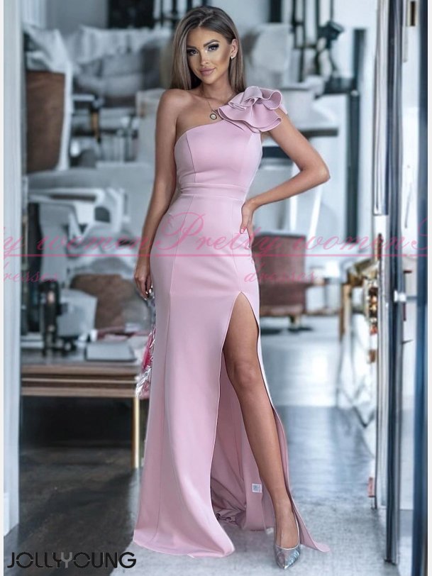 ALBANIA-Lyserd One-Shoulder Maxi-Kjole med Forfrende Slids 