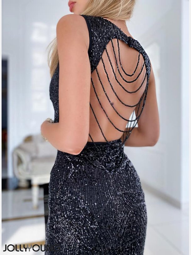 CAMELEON Kort pailletkjole i sort farve