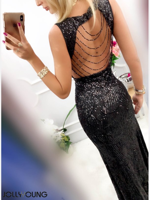 CAMELEON Lang pailletkjole i sort farve