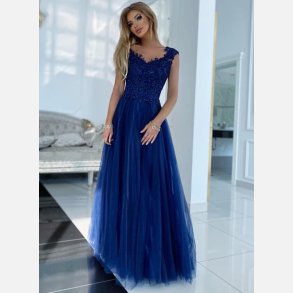 CECYLIA Lang kjole i navy farve med broderier