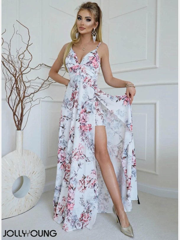 DORJANA BIS Maxi kjole i ecru farve og blomsterprint