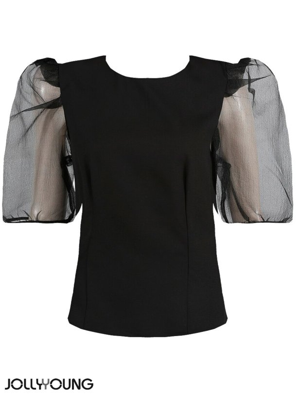 ESTA-Sort taljeret bluse med chiffon rmer