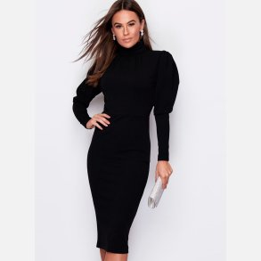 FRAJA Sort midi kjole med pufrmer