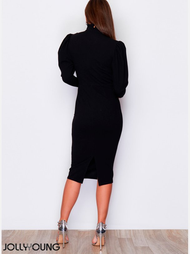 FRAJA Sort midi kjole med pufrmer