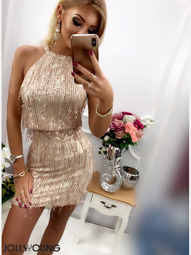 FUSHION Kort frynser og pailletter kjole i guld farve