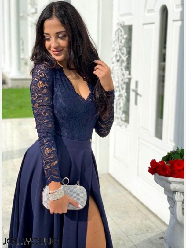 GLAMUR 2 Maxi kjole med blondeoverdel i navy farve