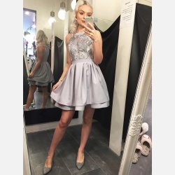 ANETA Gr kjole med blonde overdel