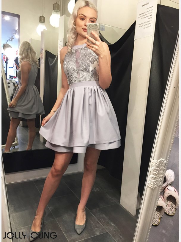 ANETA Gr kjole med blonde overdel
