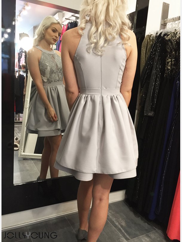 ANETA Gr kjole med blonde overdel