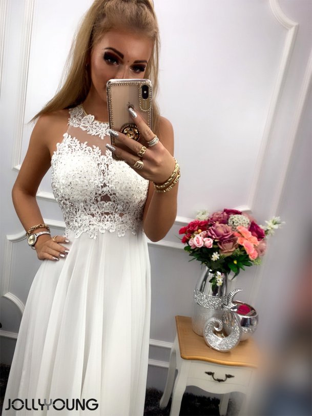 GATTI Lang kjole i hvid farve med sten og broderier