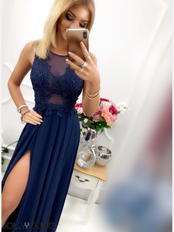 IVETTE Lang kjole i navi bl farve med sten og broderier