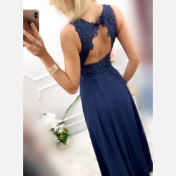 IVETTE Lang kjole i navi bl farve med sten og broderier