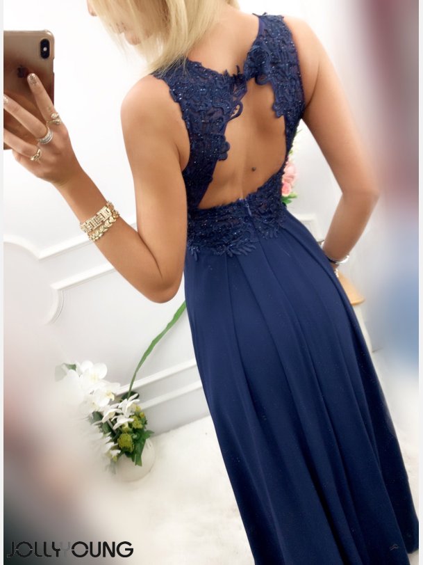 IVETTE Lang kjole i navi bl farve med sten og broderier