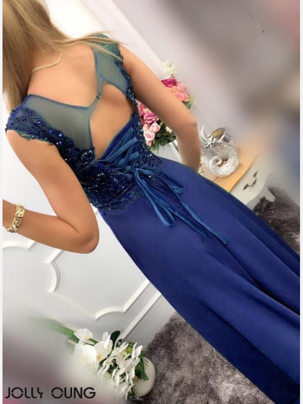 JAGUAR Lang kjole i navy farve med sten og broderier