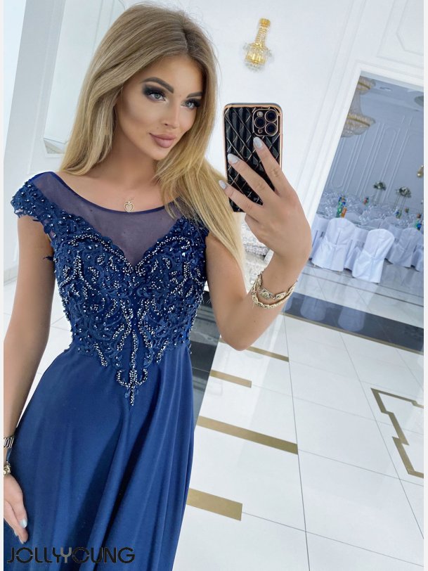 JAGUAR Lang kjole i navy farve med sten og broderier