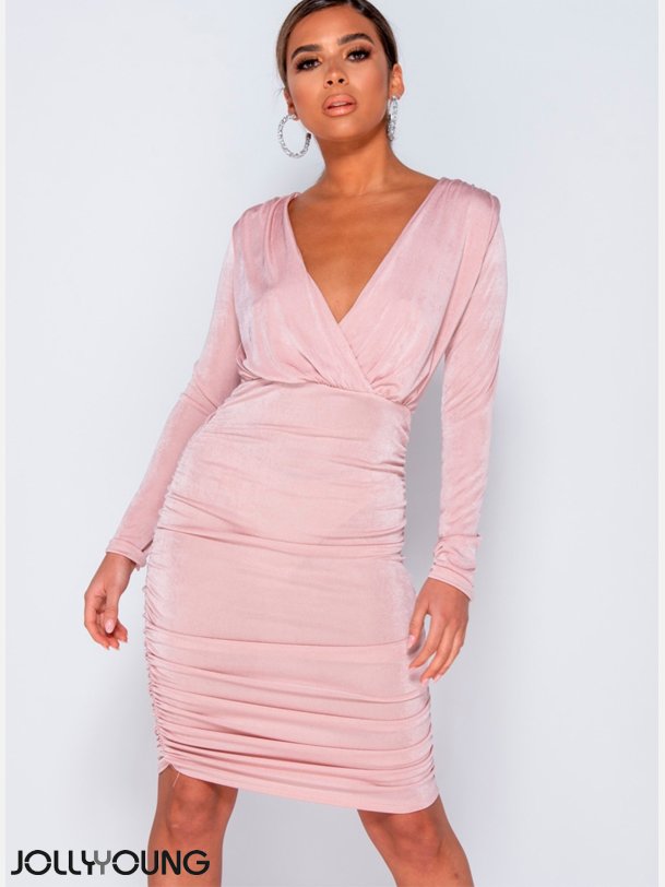 JOVITA Draperet midi kjole i sart rosa farve