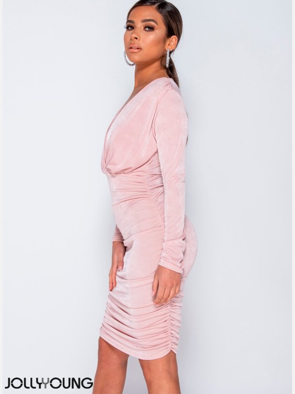 JOVITA Draperet midi kjole i sart rosa farve