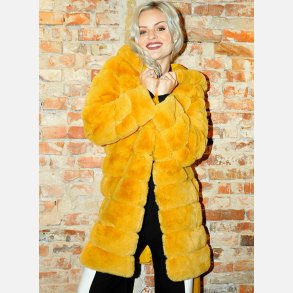 KADIS Lang imiteret pels jakke i curry farve