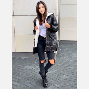 KAILA Sort puff jakke med imiteret pels