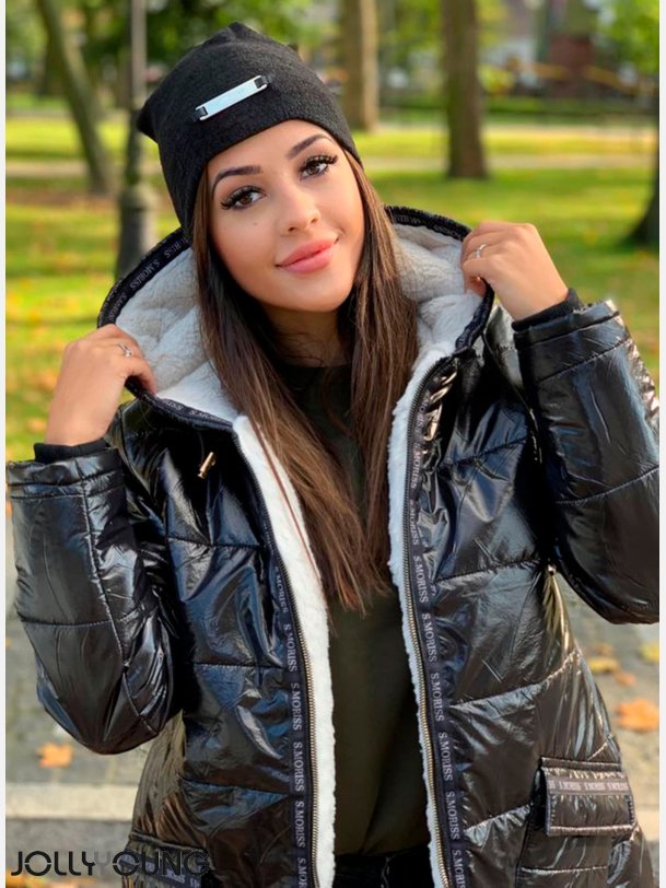 KAILA Sort puff jakke med imiteret pels