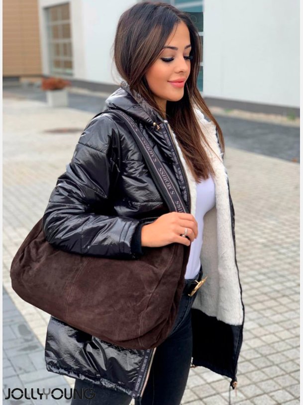 KAILA Sort puff jakke med imiteret pels