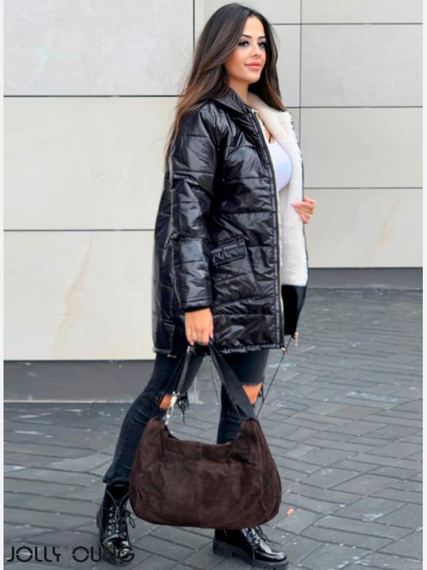 KAILA Sort puff jakke med imiteret pels