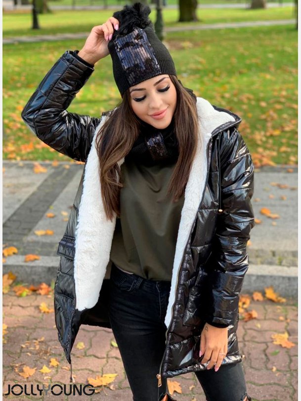 KAILA Sort puff jakke med imiteret pels