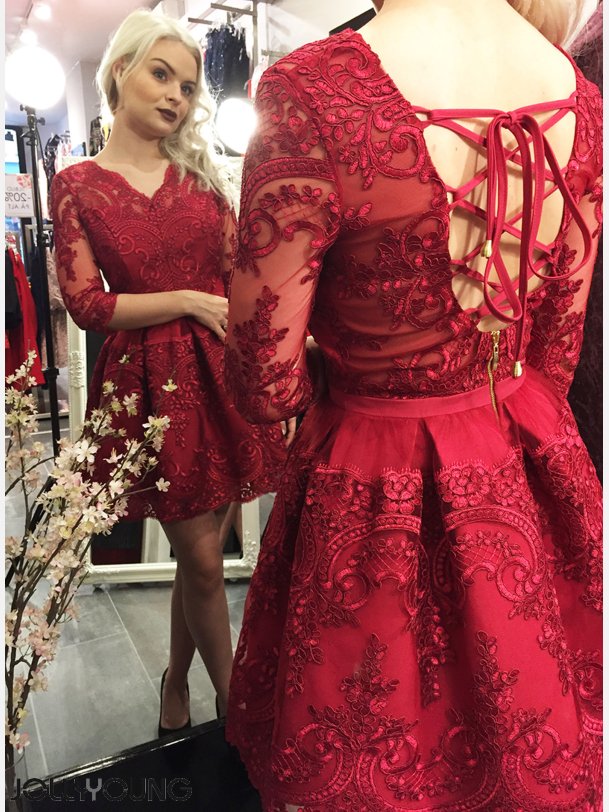 SONIA Kjole med mesh og broderier i vino farve