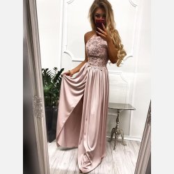 VIVIAN Lang kjole i beige farve med sten og broderier