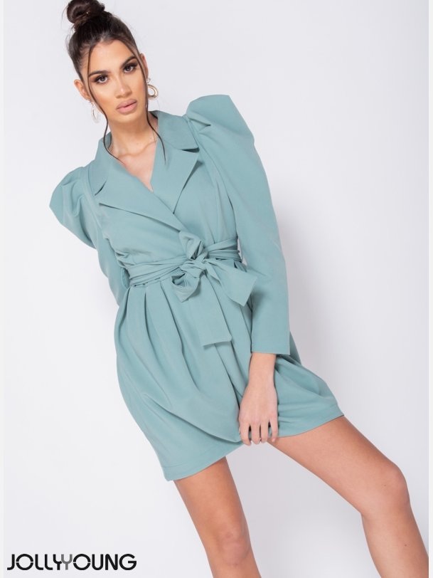 LISA Plisseret kjole med pufrmer i mint farve