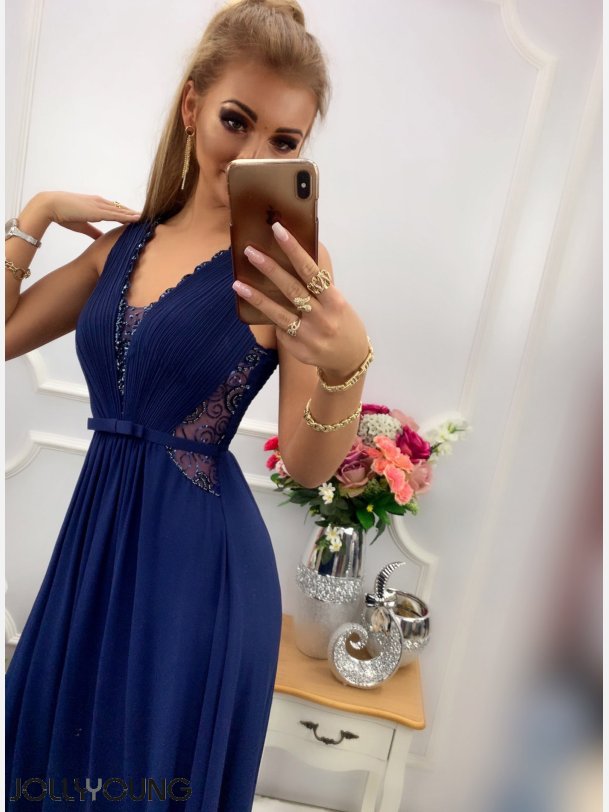 LATTE Maxi kjole i navy farve med broderier og pailletter