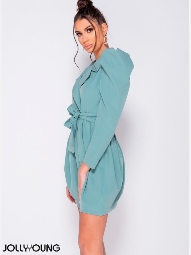 LISA Plisseret kjole med pufrmer i mint farve