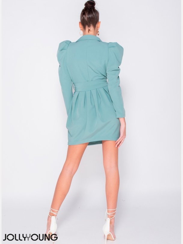 LISA Plisseret kjole med pufrmer i mint farve