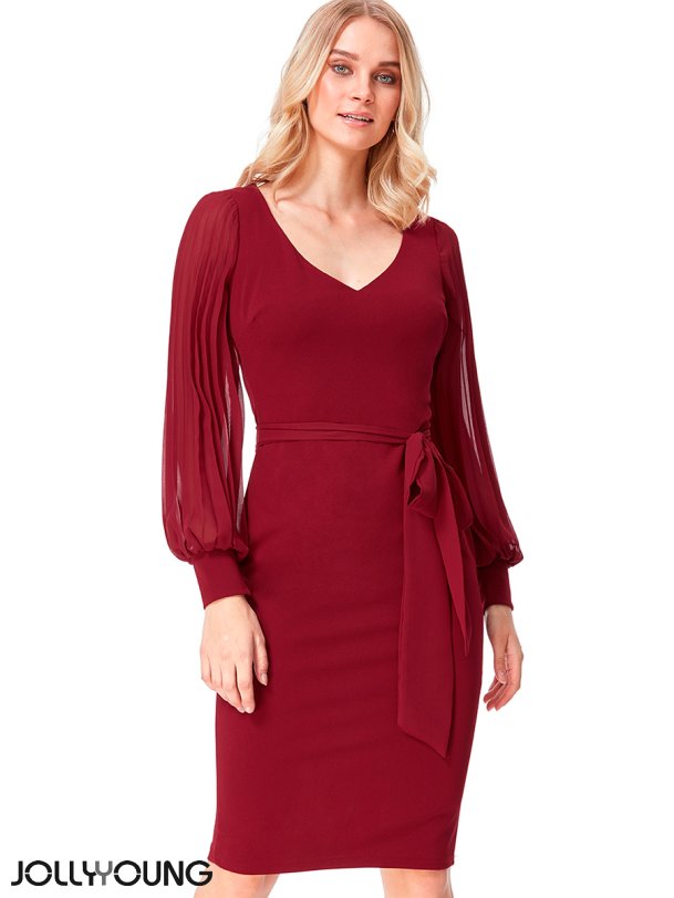 LORISA - Bordeaux midi kjole med ballonrmer