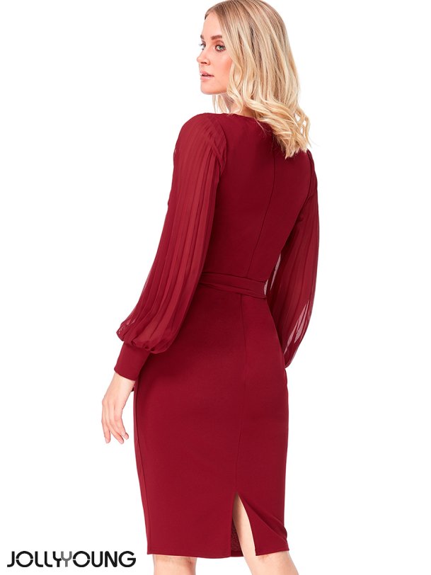 LORISA - Bordeaux midi kjole med ballonrmer