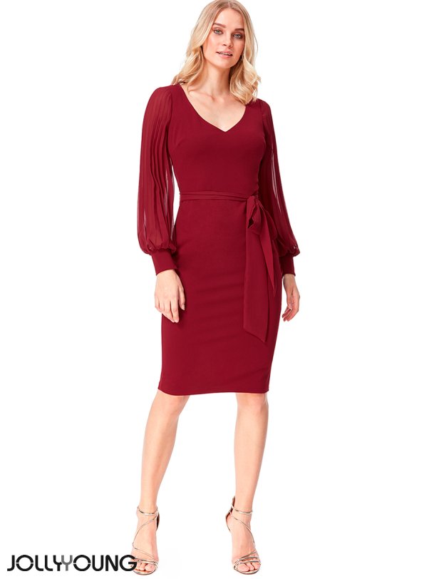 LORISA - Bordeaux midi kjole med ballonrmer