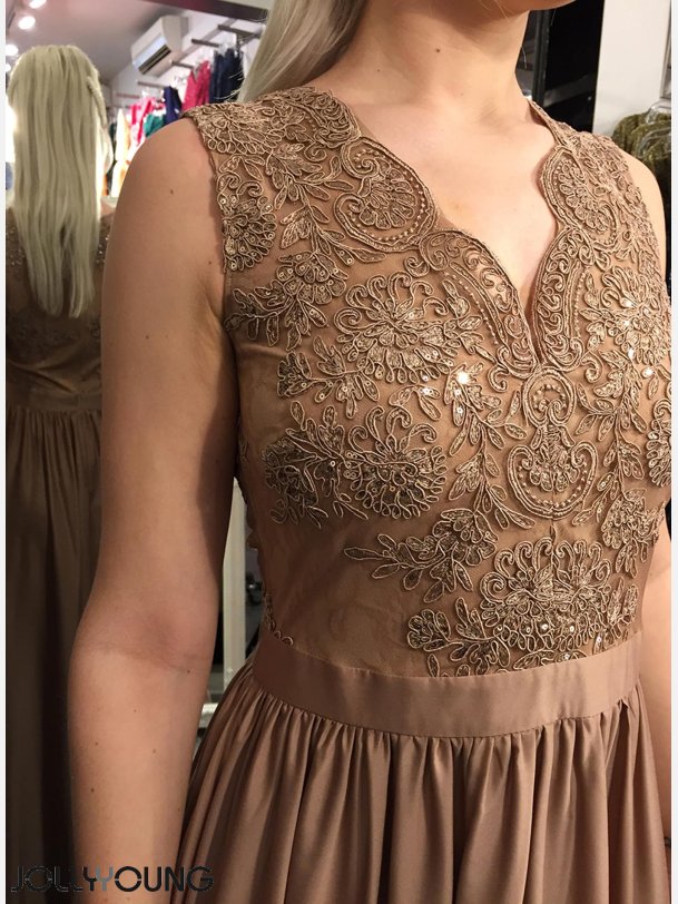 HIDOR Maxi kjole med pailletter og broderier i beige farve