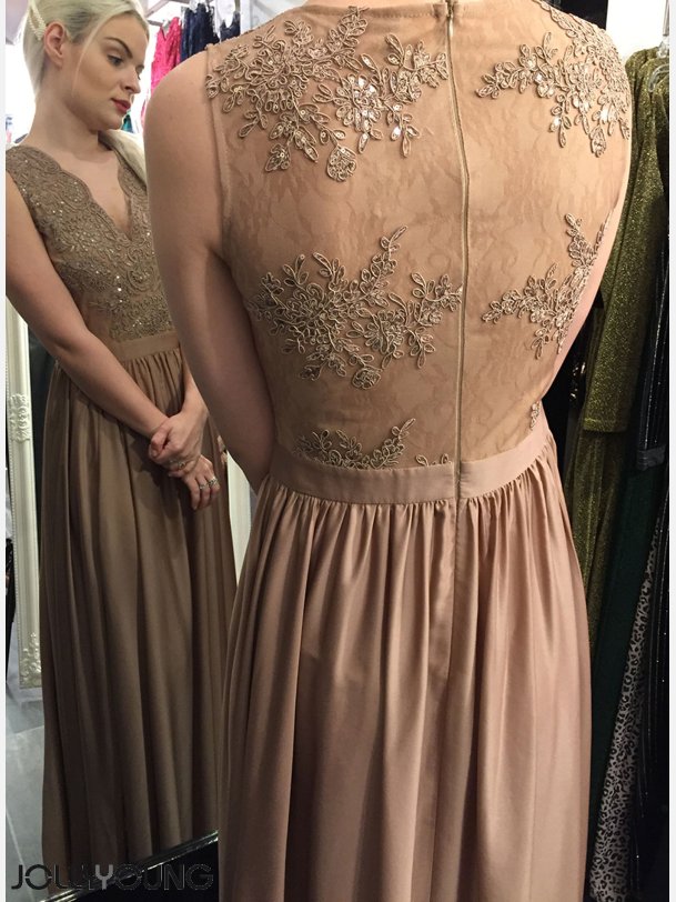 HIDOR Maxi kjole med pailletter og broderier i beige farve