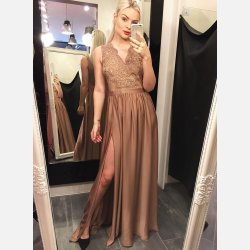 HIDOR Maxi kjole med pailletter og broderier i beige farve