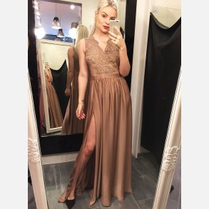 HIDOR Maxi kjole med pailletter og broderier i beige farve