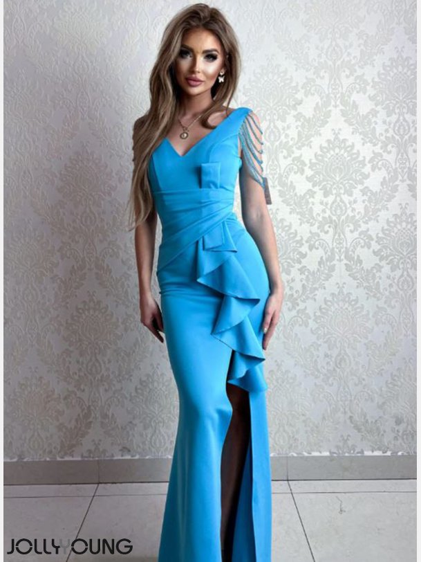 MONIA Bl kjole med smsten p skuldrene