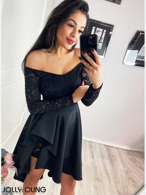 OLIVIA Kort kjole i sort farve med blonder