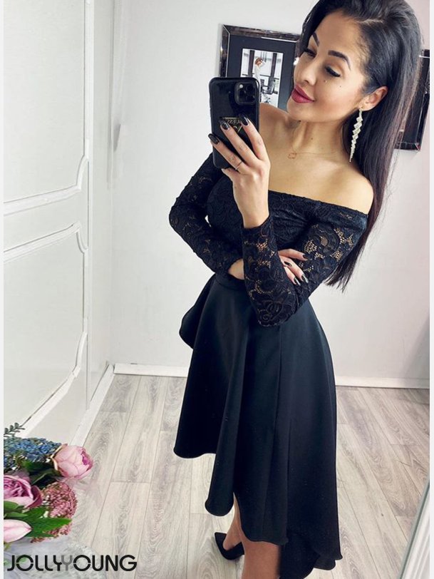 OLIVIA Kort kjole i sort farve med blonder