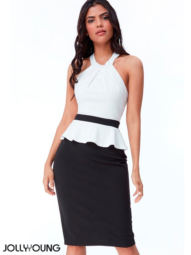 NADIA Sort hvid peplum kjole