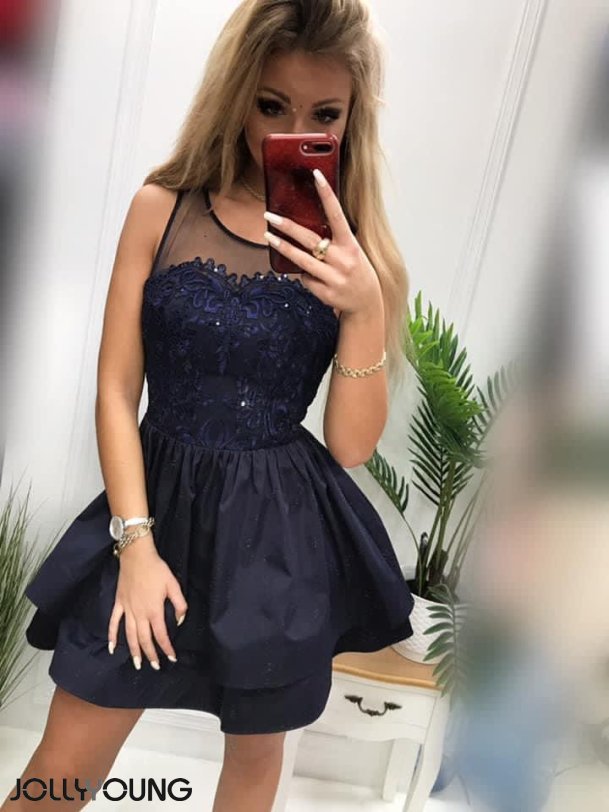 STELLA Navi bl kjole med mesh og broderi